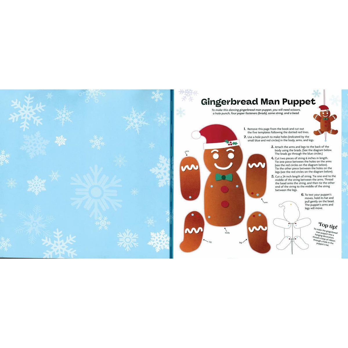 Gingerbread Man Puppet craft sheet with snowflake pattern on a blue background