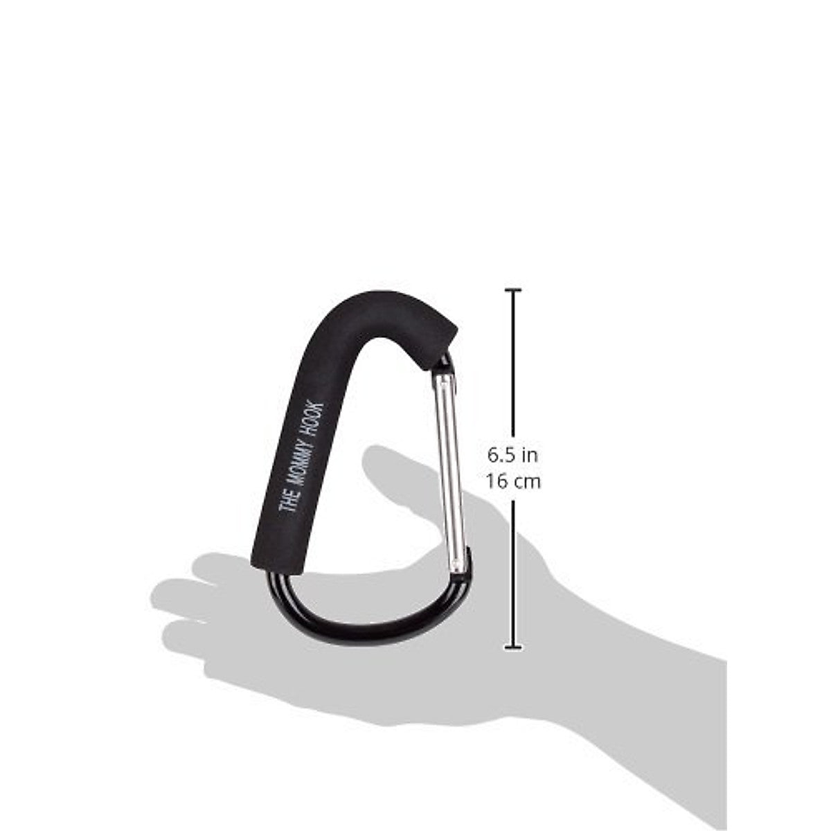 Black carabiner held in a hand with measurement details on a white background