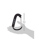 Black carabiner held in a hand with measurement details on a white background