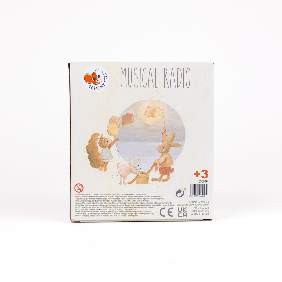 Box of a children's musical radio toy with cartoon characters on a white background