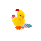 Yellow plush chicken toy with a red comb on a white background