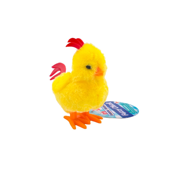 Yellow plush chicken toy with a red comb on a white background