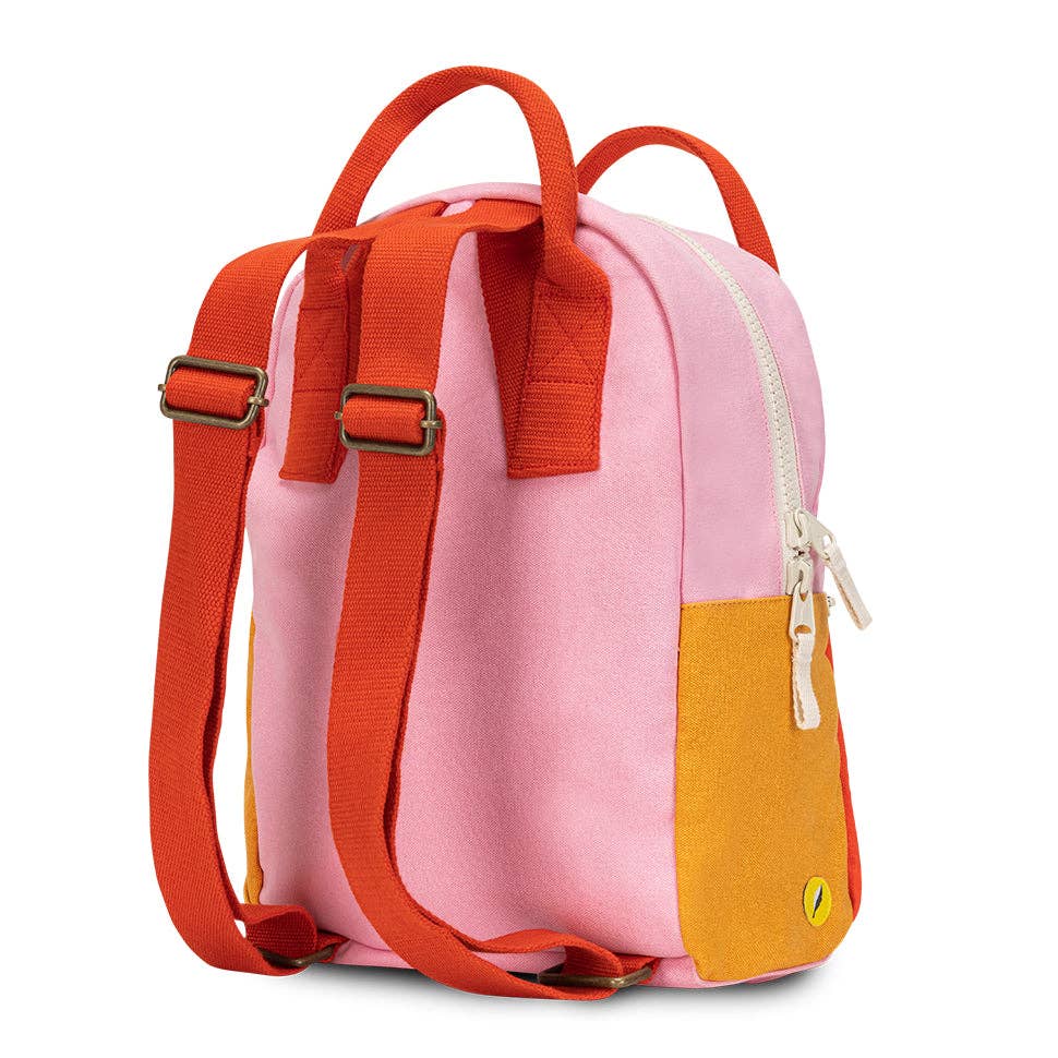 Pink and orange backpack with a yellow accent on a white background