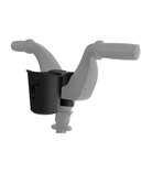 Gray handlebar with black cup holder on a white background
