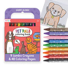 Ooly Pet Pals Coloring Book set with a box of 9 jumbo crayons and 48 coloring pages, shown next to a stack of colored crayons and a sample dog coloring page on a white background.