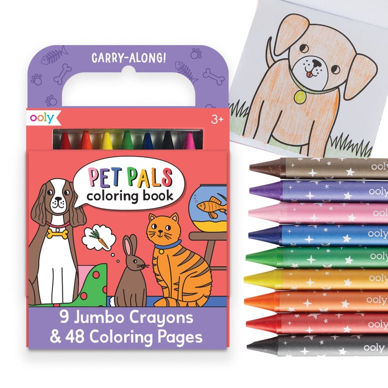 Ooly Pet Pals Coloring Book set with a box of 9 jumbo crayons and 48 coloring pages, shown next to a stack of colored crayons and a sample dog coloring page on a white background.