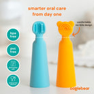 Two children's toothbrushes, one blue and one orange with a bear design, on a light background with text highlighting features.