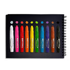 Set of colorful markers on a black notebook with visible brand name.