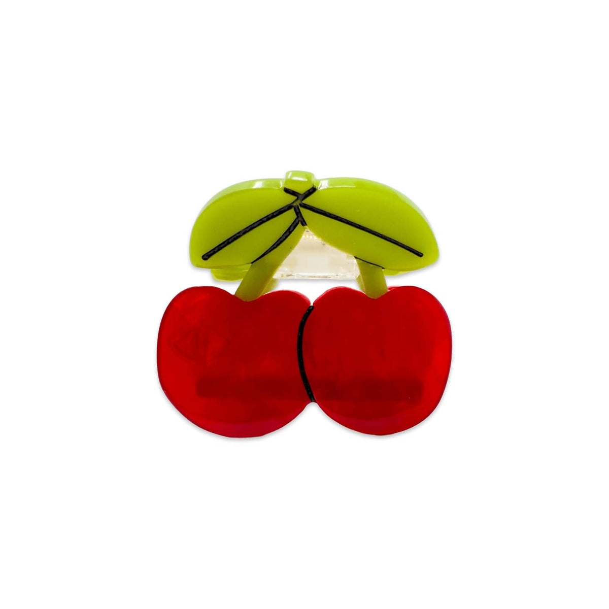 Red cherry-shaped sunglasses with green leaves on a white background