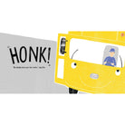 Illustration of a yellow vehicle with a driver and text 'Honk!' on a white background