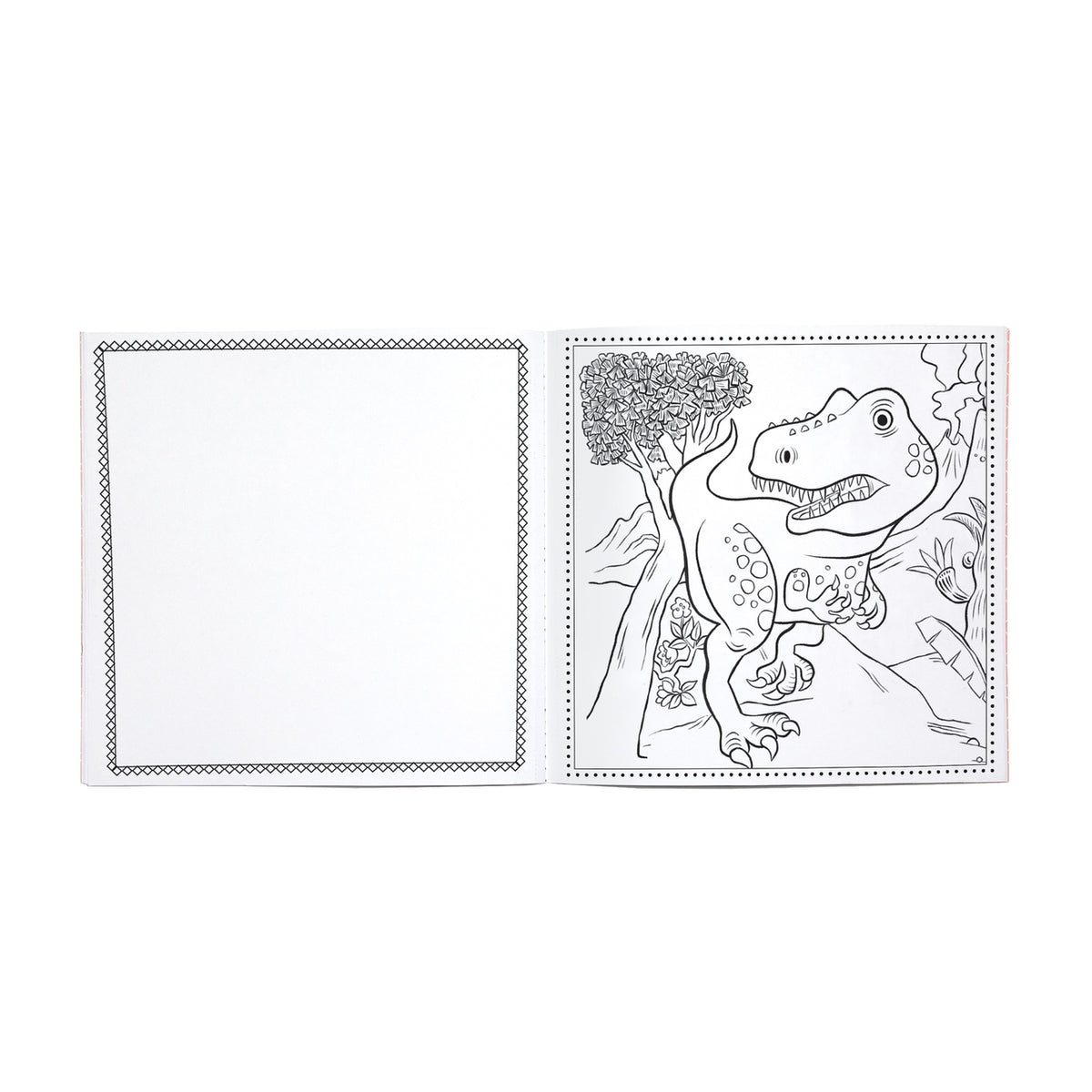 A children's coloring book or activity sheet shown open on a white background, with one blank page on the left and a dinosaur illustration on the right page.