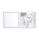A children's coloring book or activity sheet shown open on a white background, with one blank page on the left and a dinosaur illustration on the right page.