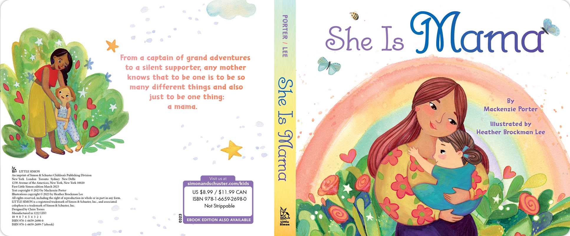 Book cover and spine of 'She Is Mama' with illustrations of a mother and child.