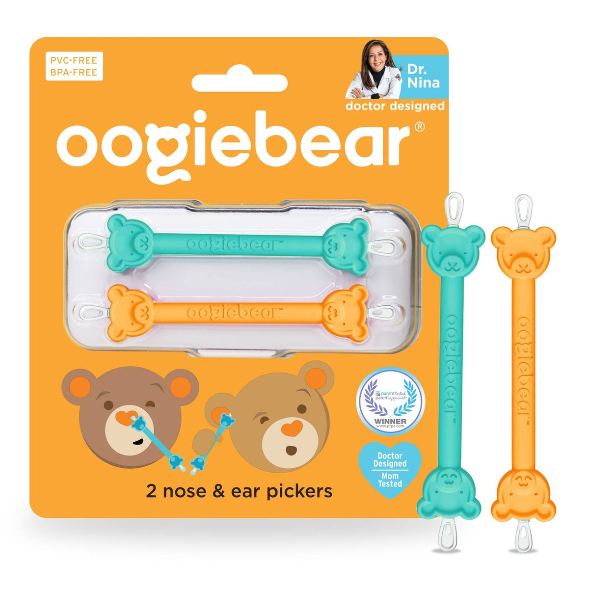 Packaging of oogiebear nose and ear pickers with a cartoon bear design on an orange background.