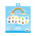 Packaging for 12 Fun Fruit Scents with colorful rainbow and fruit illustrations on a blue background.