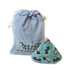 A light blue drawstring storage bag with a label reading 'Pee-pea Tpeepee' and a triangular reusable cloth pad with a turquoise background and brown animal print, shown on a white background.
