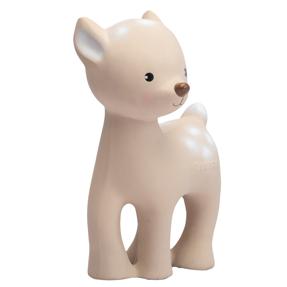 A cream-colored silicone baby teething toy shaped like a puppy, featuring a brown nose and black eyes, shown on a solid white background.