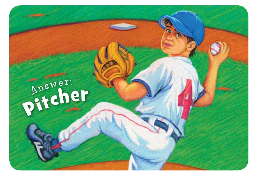 Card with a baseball player illustration and the word 'Answer: Pitcher' on a green field background.