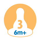 Baby bottle nipple with '3' and '6m+' text on an orange background