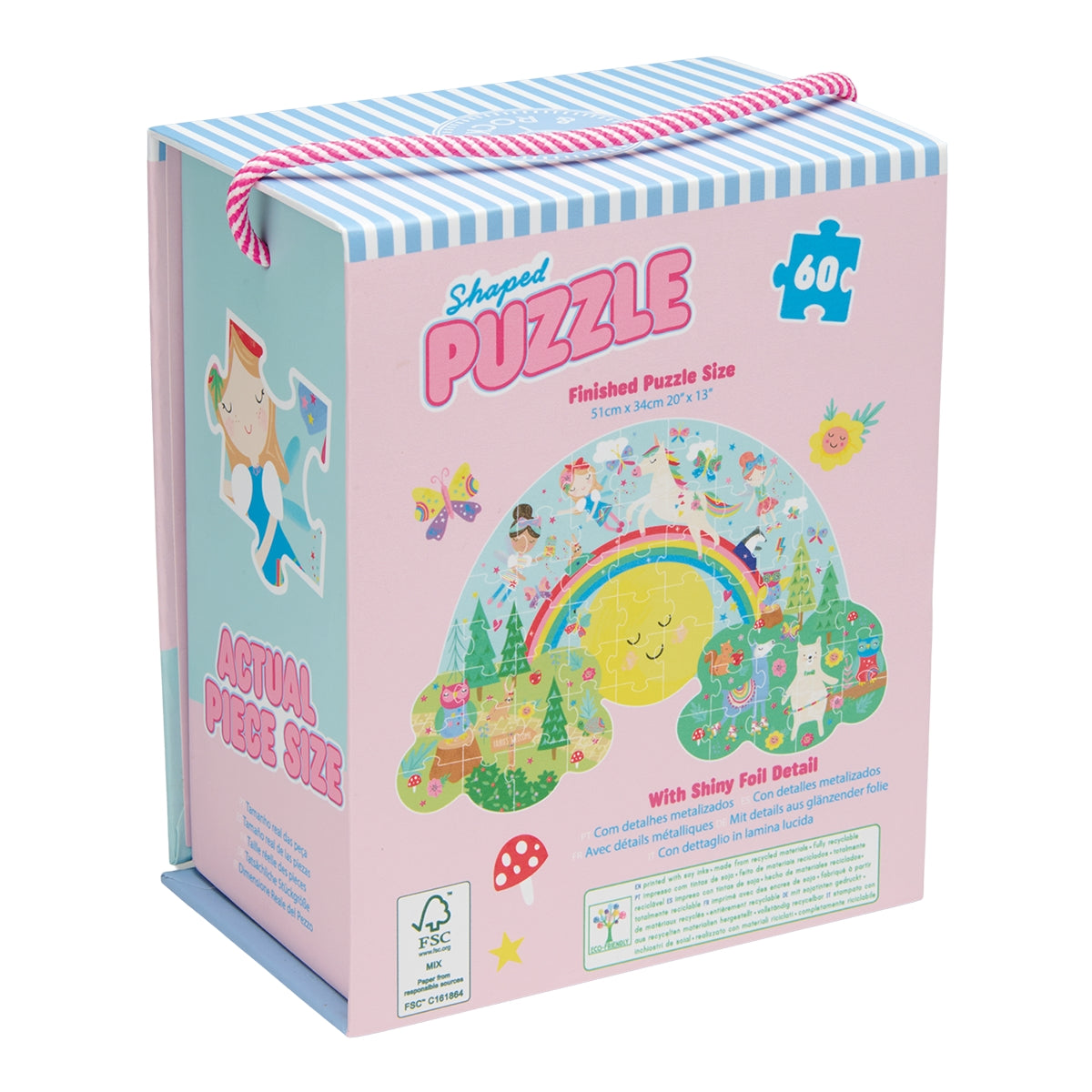 Puzzle box with colorful design and rainbow illustration on a white background