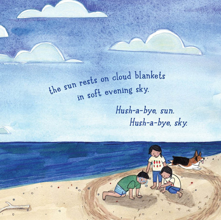 Children playing on a beach with a dog, under a blue sky with clouds and a poem about the sun.