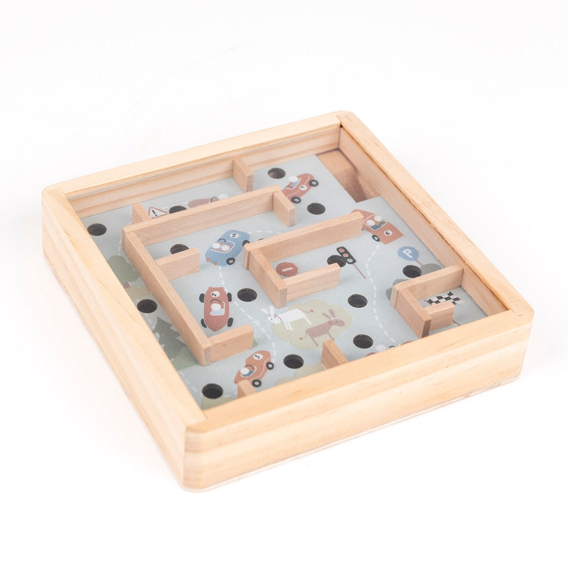 Wooden maze toy with animal figures on a white background