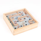 Wooden maze toy with animal figures on a white background