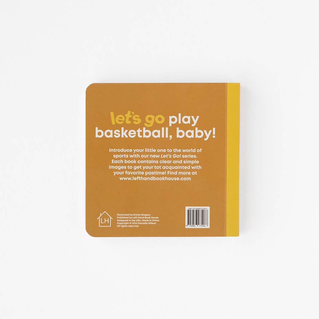 Book cover with text 'let's go play basketball, baby!' on a white background
