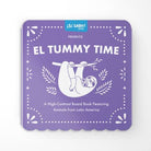 Purple book cover of 'El Tummy Time' with a sloth illustration on a white background