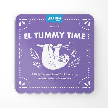 Purple book cover of 'El Tummy Time' with a sloth illustration on a white background