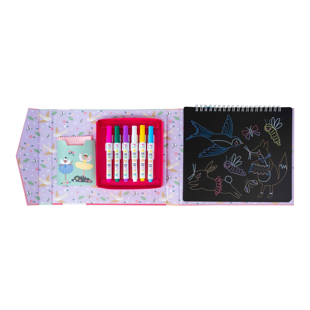 Coloring book set with markers and illustrations on a white background