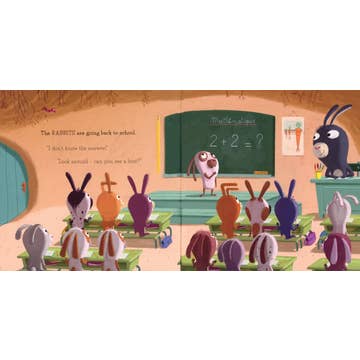 Animated classroom scene with rabbits and a teacher at a blackboard