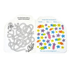 A children's activity book spread with two white pages. The left page has a black-and-white maze with an astronaut and planet illustrations and a short activity prompt.