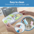 Beverage bottles and accessories in a tray with text indicating ease of cleaning and dishwasher safety.