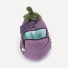 Purple backpack shaped like an eggplant with a green top on a white background