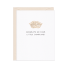 Greeting card with a small dumpling illustration and text 'Congrats on your little dumpling!' on a white background.