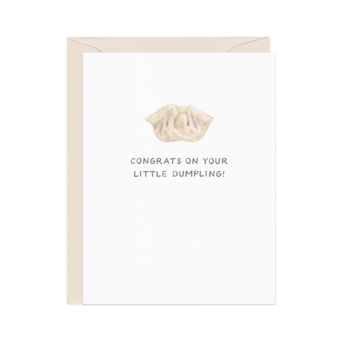 Greeting card with a small dumpling illustration and text 'Congrats on your little dumpling!' on a white background.