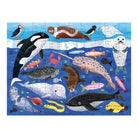 In-progress Mudpuppy Arctic Above & Below 100 Piece Double-Sided Puzzle showing an illustrated underwater arctic scene with a killer whale, narwhal, seals, fish, and other marine life.