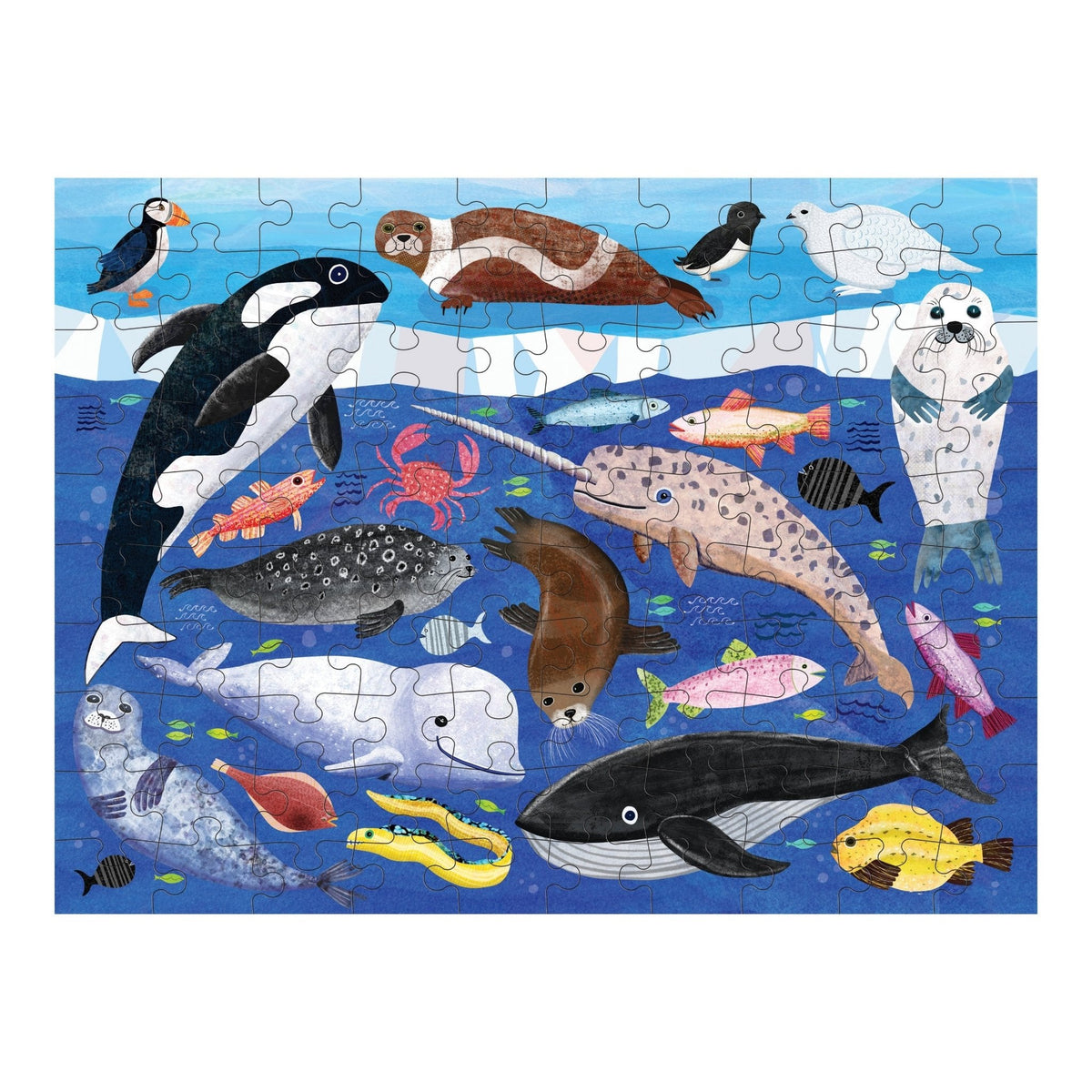 In-progress Mudpuppy Arctic Above & Below 100 Piece Double-Sided Puzzle showing an illustrated underwater arctic scene with a killer whale, narwhal, seals, fish, and other marine life.