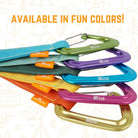 Set of colorful carabiners with visible brand name on a patterned background