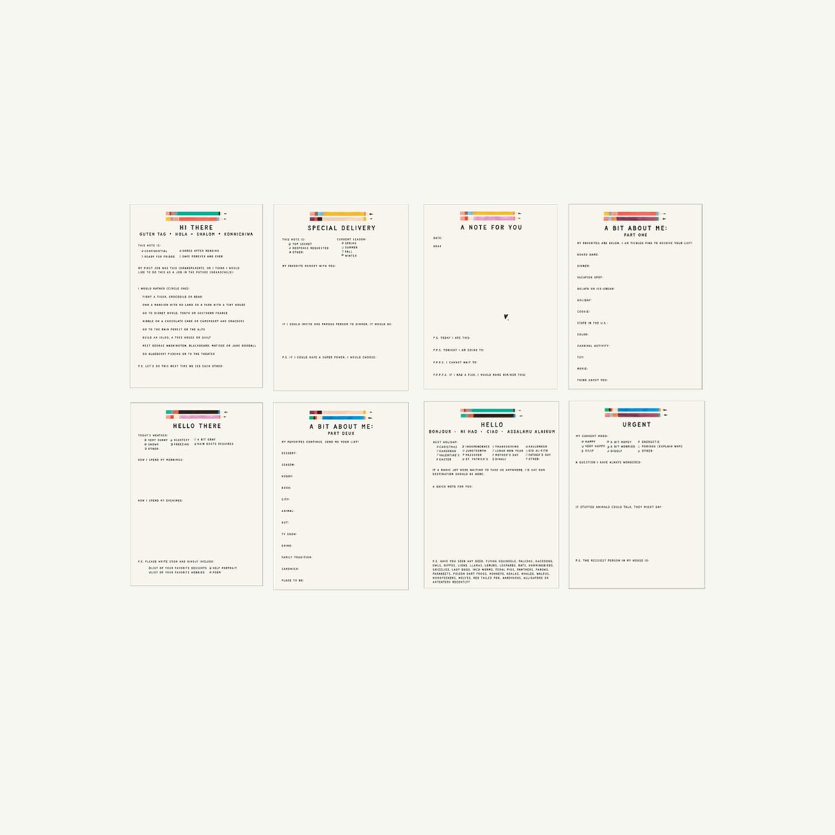 Multiple text-based interface screens with different sections on a white background