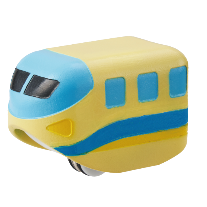 Yellow and blue toy train on a white background