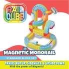Colorful magnetic monorail toy set with 'Rail Cube' branding on a red and white background.