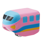 Pink and blue toy train on a white background