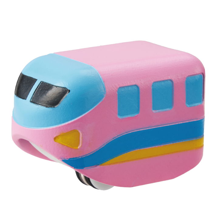 Pink and blue toy train on a white background