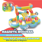 Colorful magnetic monorail toy set with 'Rail Cube' branding on a white background.