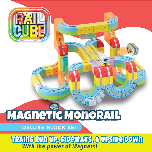 Colorful magnetic monorail toy set with 'Rail Cube' branding on a white background.