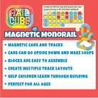 Advertisement for Rail Cube Magnetic Monorail with colorful text and images on a red background