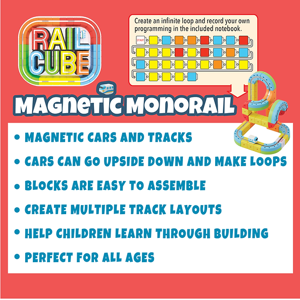 Advertisement for Rail Cube Magnetic Monorail with colorful text and images on a red background