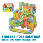 Colorful toy track set with 'Rail Cube' branding on a white background